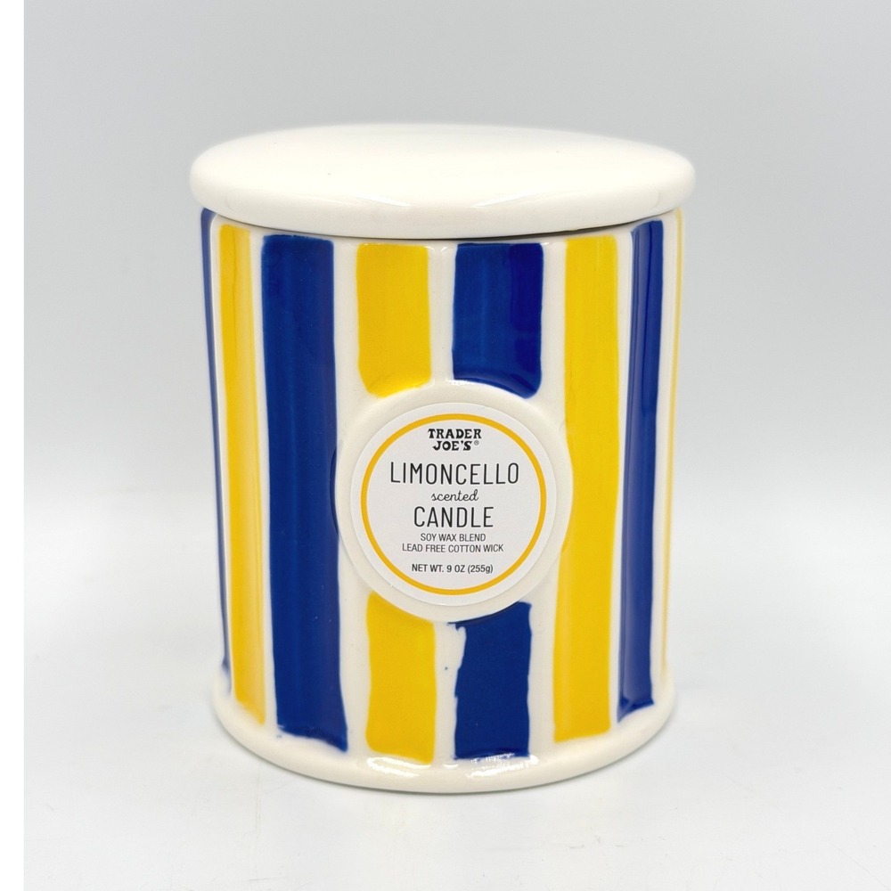 Trader Joe's Limoncello Scented Candle 9 oz Blue Yellow Striped Ceramic Jar Lid